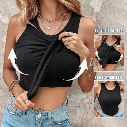 Built-in Bra Tank Top Ribbed Racerback Tops Women Going Out Tops Everyday Basic Tanks Padded Tops