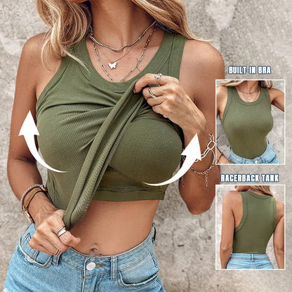 Built-in Bra Tank Top Ribbed Racerback Tops Women Going Out Tops Everyday Basic Tanks Padded Tops
