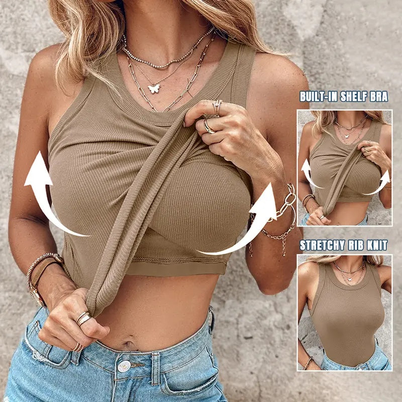 Built-in Bra Tank Top Ribbed Racerback Tops Women Going Out Tops Everyday Basic Tanks Padded Tops